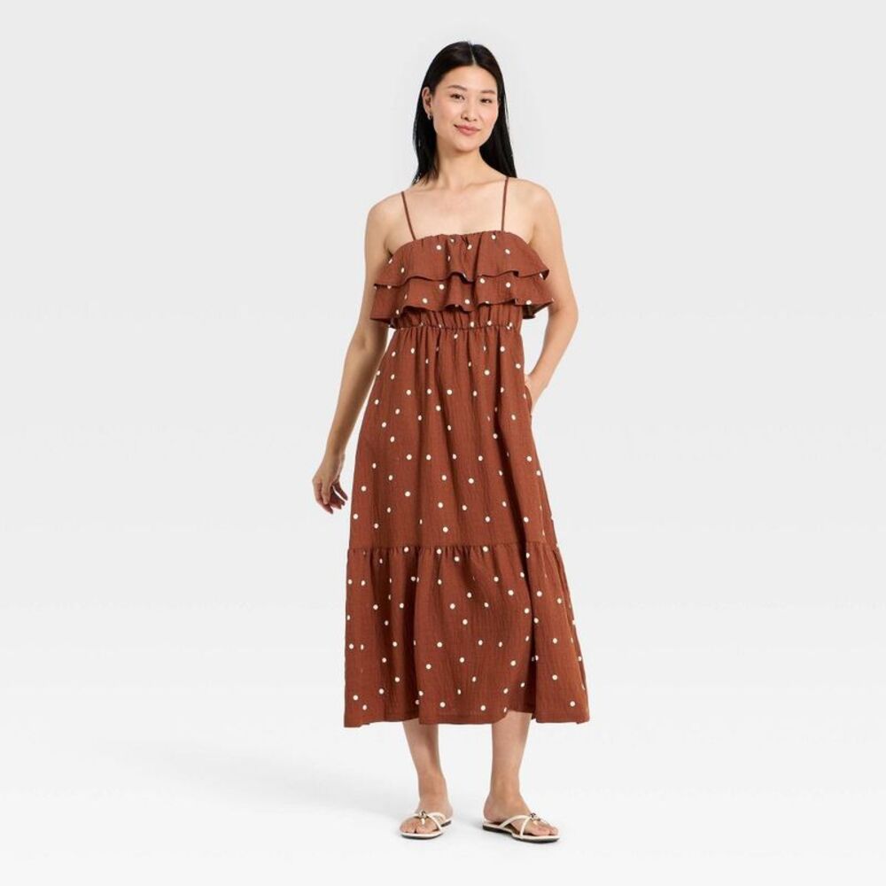 Women's Sleeveless Ruffle Maxi A-Line Dress - A New Day Brown Polka Dots XS